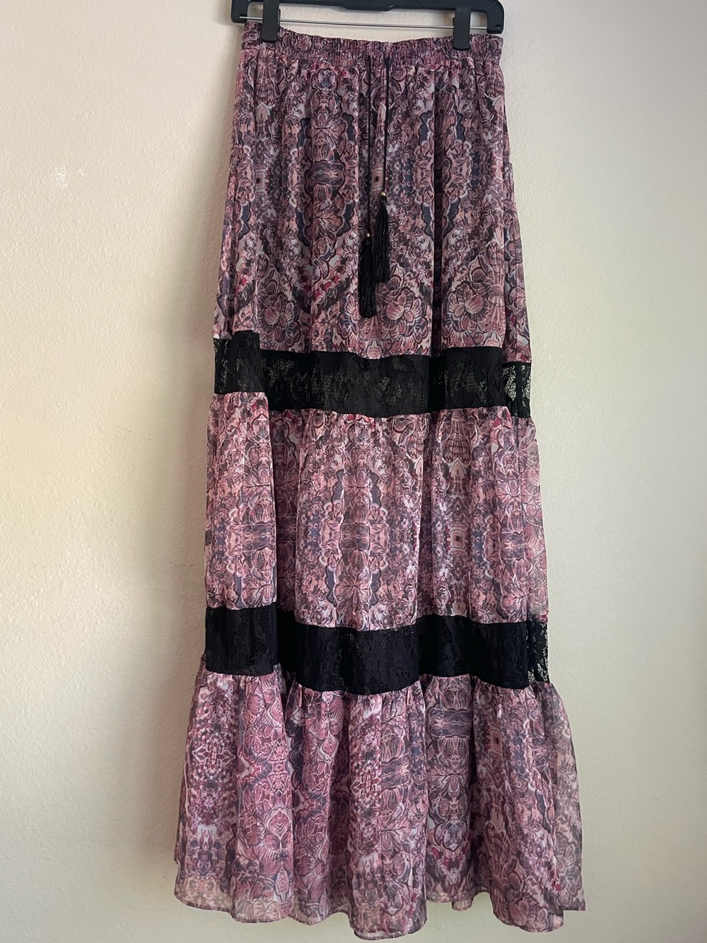 bebe Pink Paisley Boho Maxi Skirt with Black Lace Trim - Size XS
